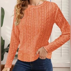 Orange eyelet crew neck top shirt